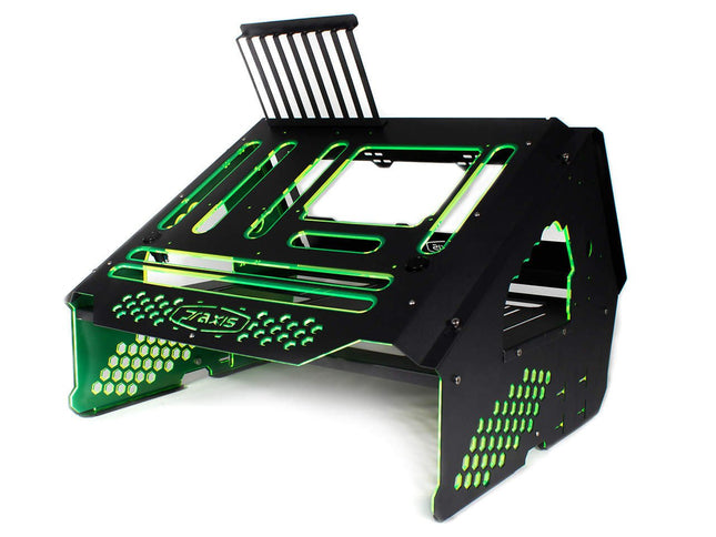 PrimoChill's Praxis Wetbench Powdercoated Steel Modular Open Air Computer Test Bench for Watercooling or Air Cooled Components - PrimoChill - KEEPING IT COOL Black w/UV Green Accents