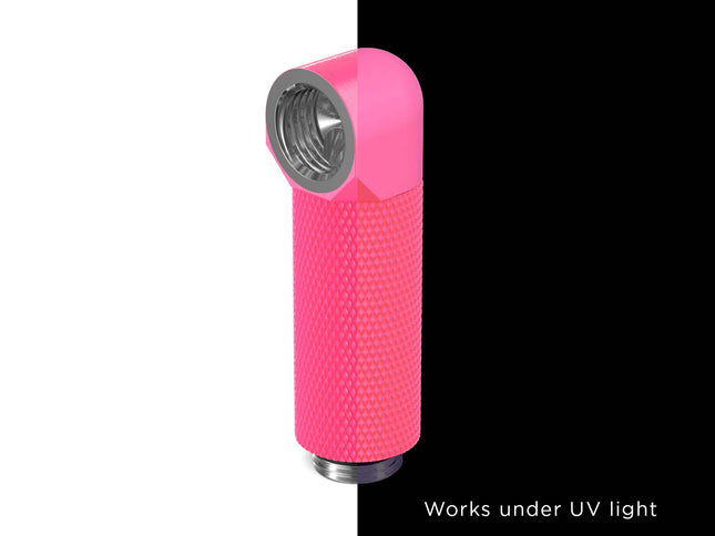 PrimoChill Male to Female G 1/4in. 90 Degree SX Rotary 40mm Extension Elbow Fitting - PrimoChill - KEEPING IT COOL UV Pink