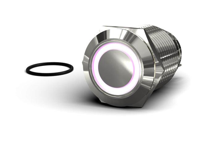 PrimoChill Silver Aluminum Momentary Vandal Resistant Switch - 22mm - PrimoChill - KEEPING IT COOL Purple LED Ring