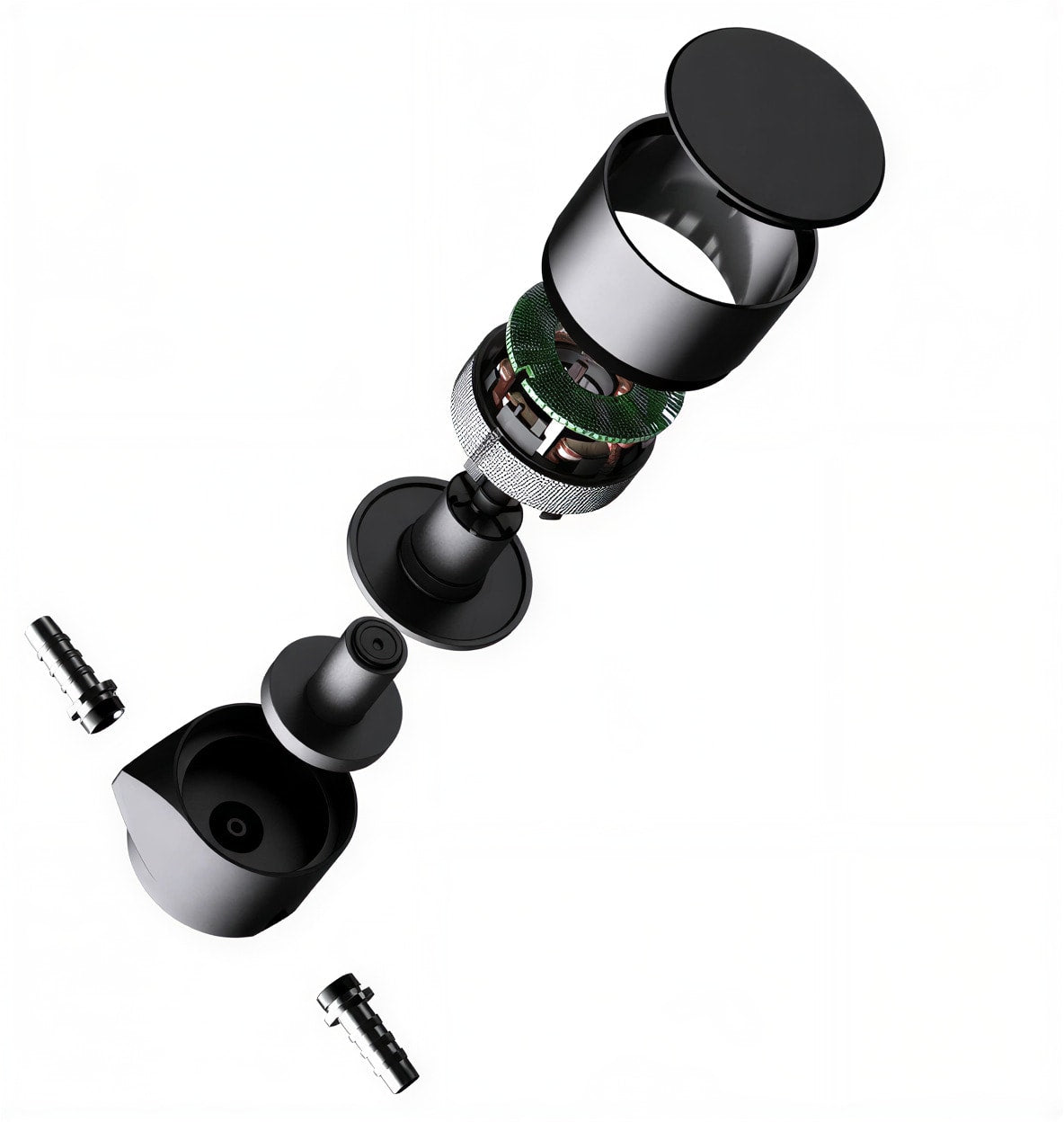The inline pump, exploded: housing, impeller and the two tubing connections